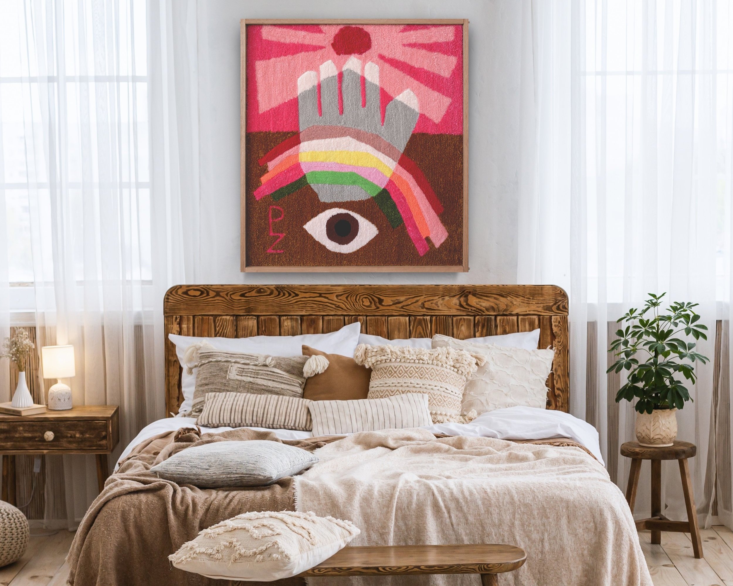 An image of Peggy Zephyr's art work on a wall in a bedroom